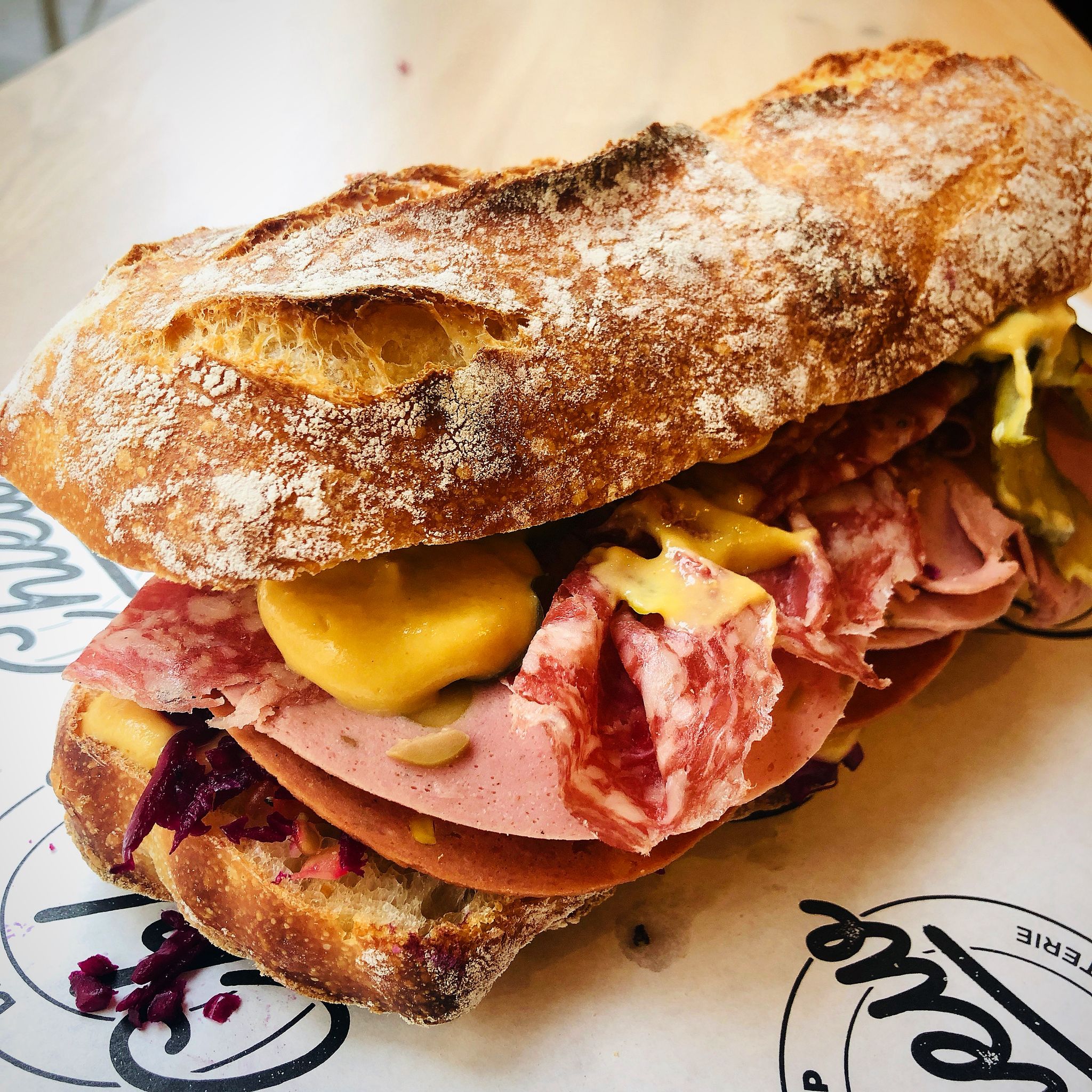 Mortadella baguette sandwich